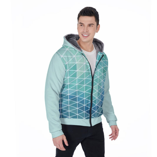 Men's Teal Geometric Design Sherpa Fleece Zip Up Hoodie