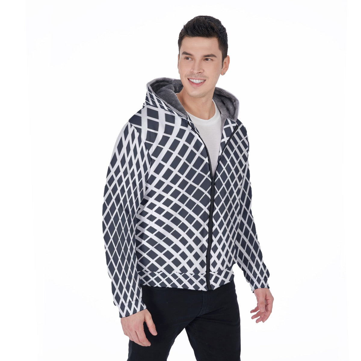 Men's Black Diamond Design Sherpa Fleece Zip Up Hoodie