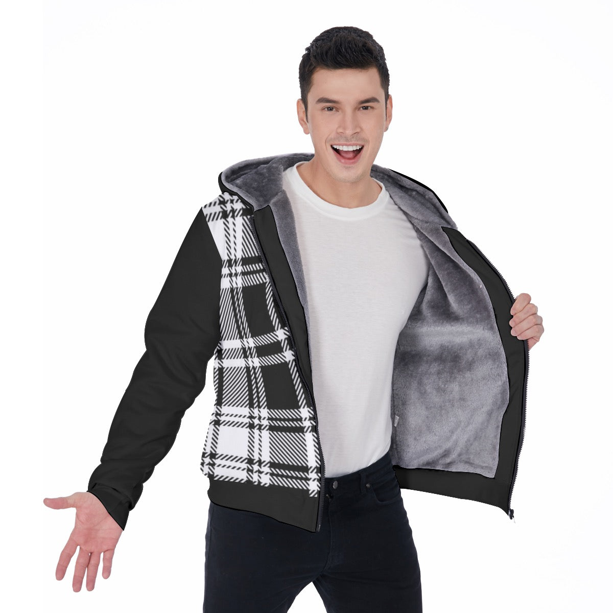 Men's Black Stripe Plaid Sherpa Fleece Zip Up Hoodie