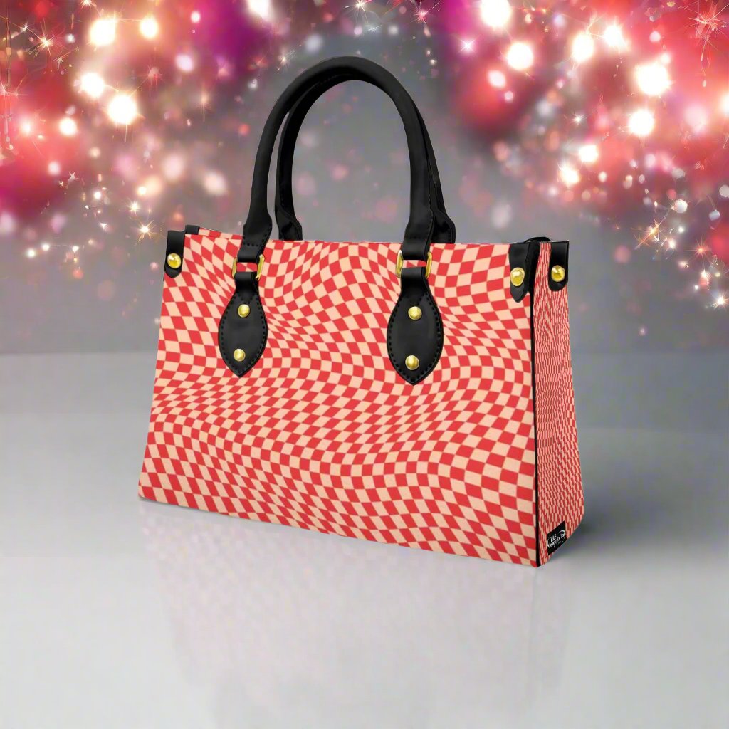 Women's Red Checker Wavy Designer Tote Bag With Black Handle-Exclusive Limited Edition/Design -Limited Stock Sold