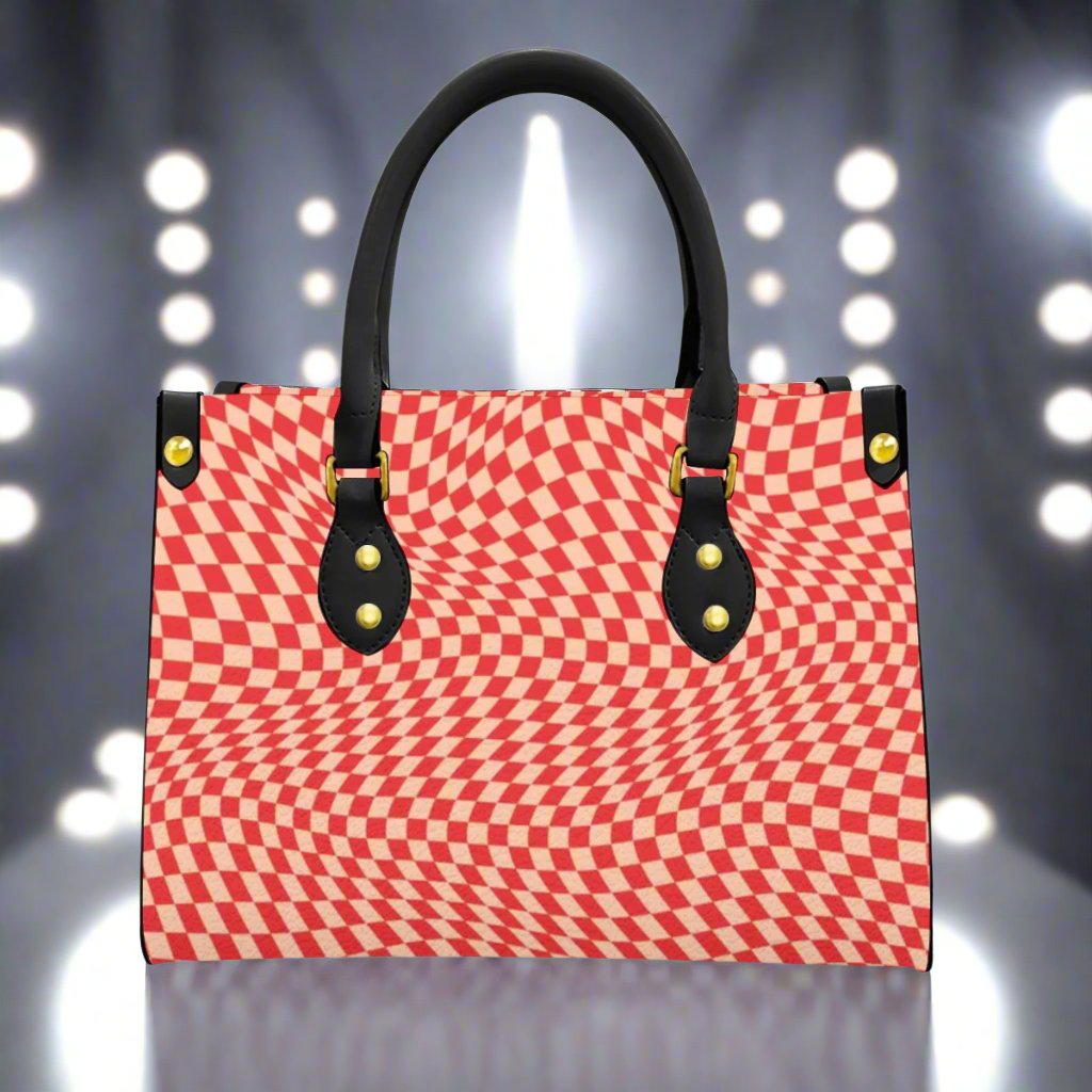 Women's Red Checker Wavy Designer Tote Bag With Black Handle-Exclusive Limited Edition/Design -Limited Stock Sold