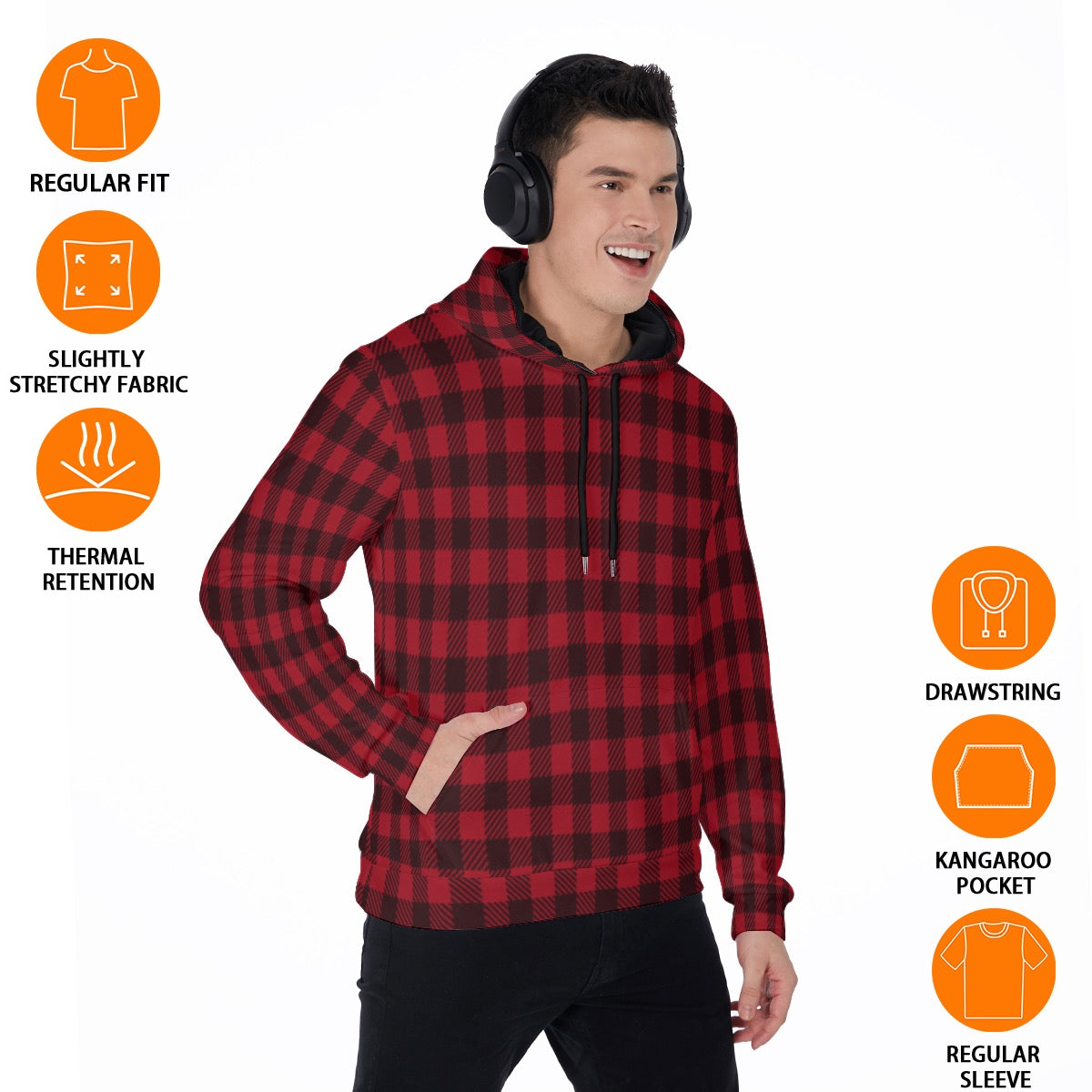 Men's Red & Black Checker Lumber Jack Design Thicken Pullover Hoodie