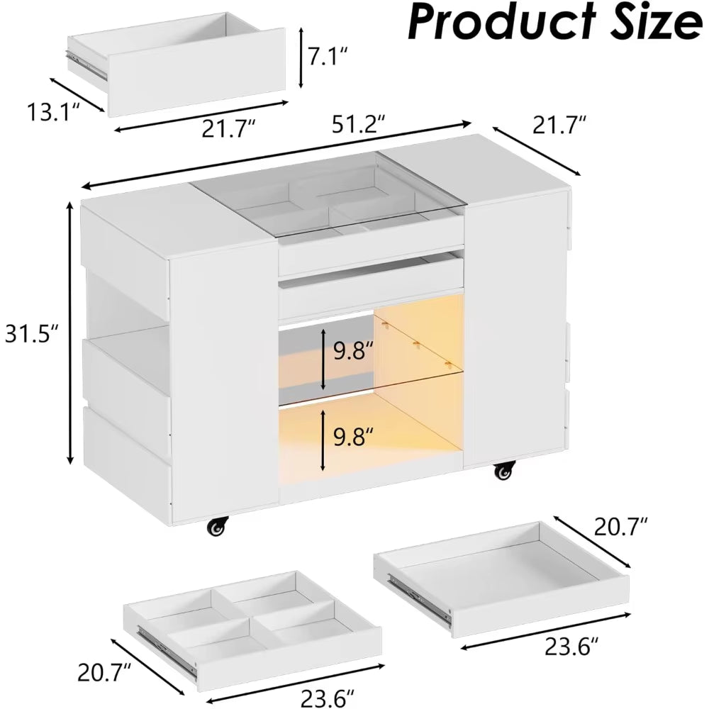 Wardrobe Armoire Bedroom Island,Closet Island with Drawers Vanity Storage Island with Glass Tabletop and Ledlight,Island Dresser