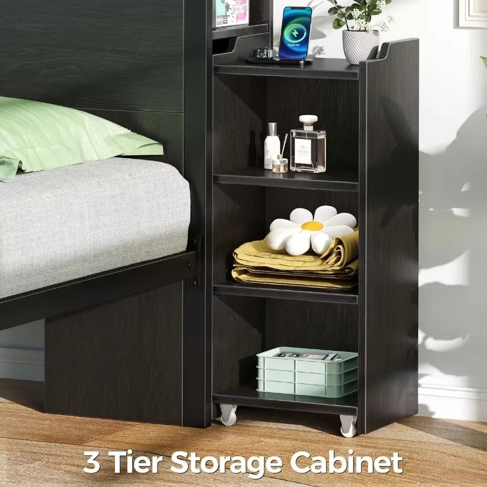 Bed Frame with Bookcase Storage Headboard, Slide Out Bedside Storage, Bed with Charging Station & LED Lights