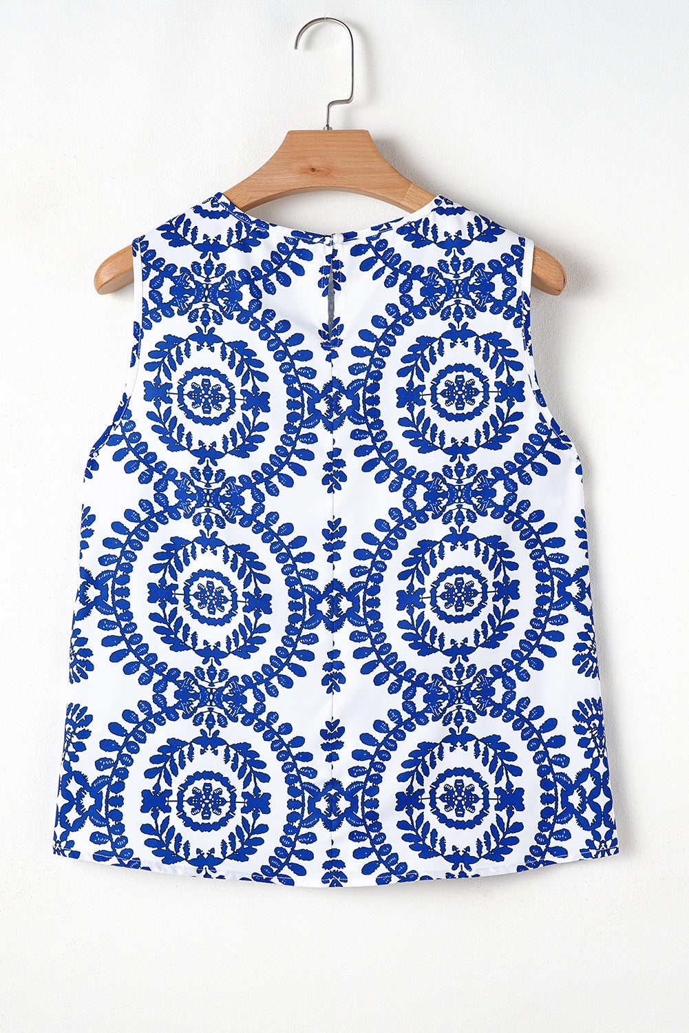 Women's Blue Boho Geometric Print Pleated Sleeveless Top