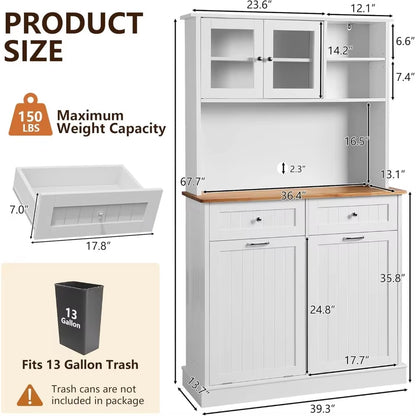 Kitchen Pantry Storage Cabinet, Microwave Cabinet with Tilt Out Trash Cabinet,Tall Pantry Cabinet Cupboard, Freestanding Kitchen