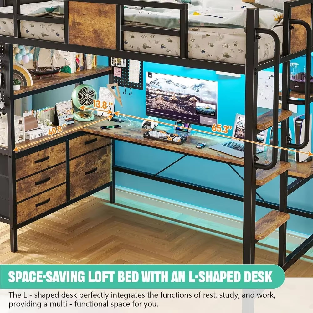 Loft Bed Twin Size with L Shaped Desk and Storage, Metal Bunk Bed with Desk underneath and LED Lights and Charging Station78"L