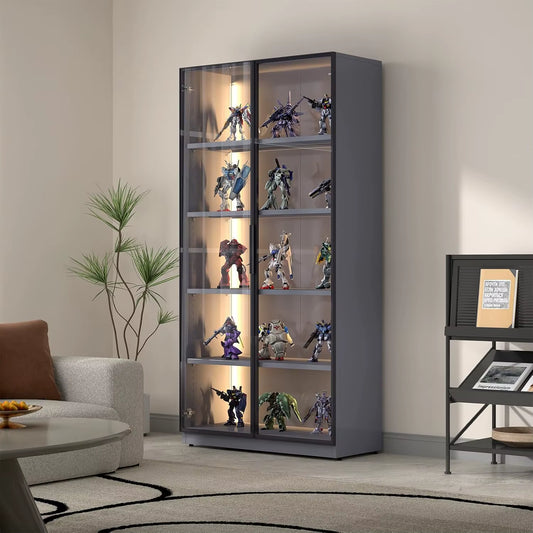 Display Cabinet with Glass Doors,Metal Storage Cabinet with Glass Doors and Led,Dark Grey Glass Storage Cabinet for Collectibles