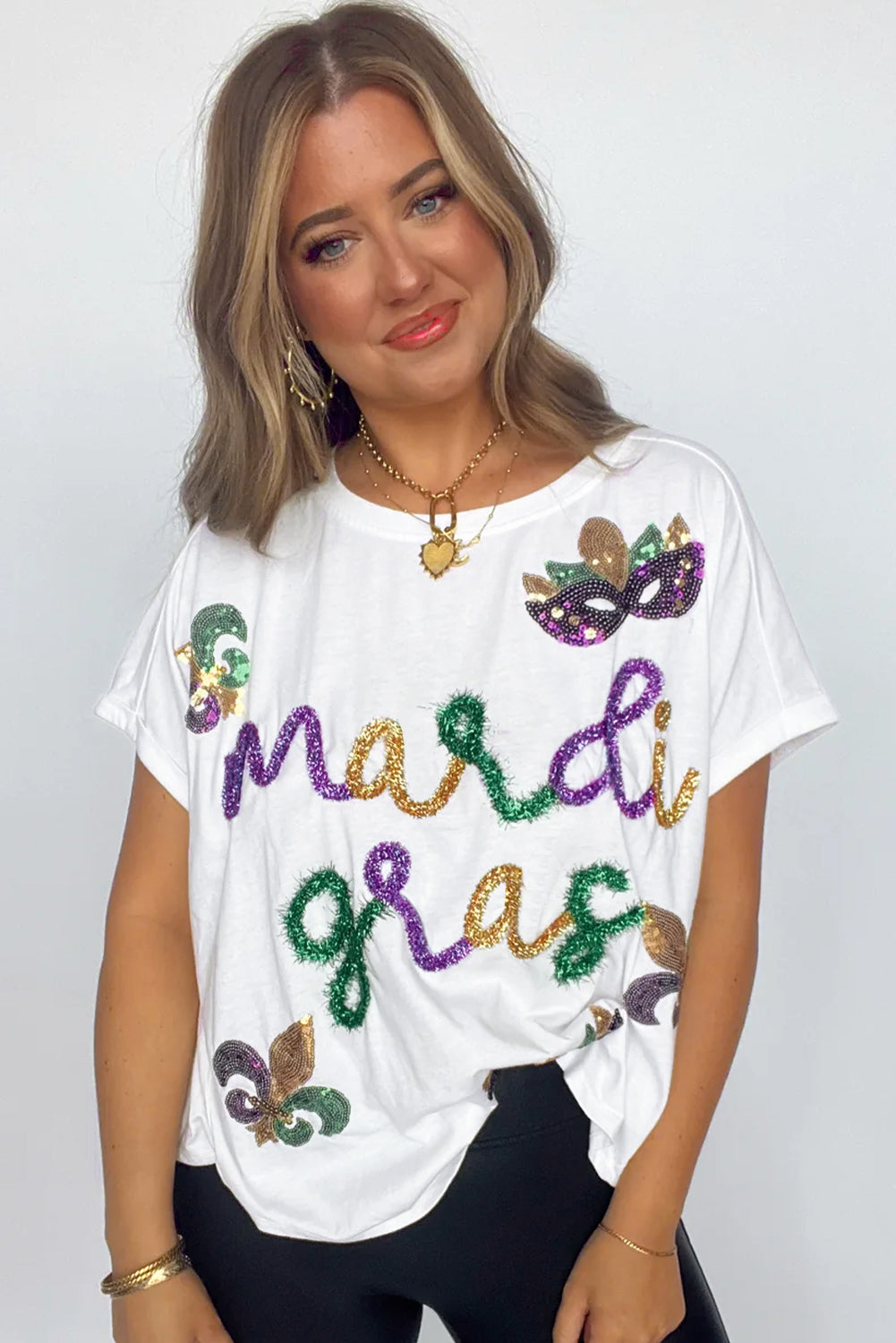 Women's White Tinsel Mardi Gras Sequin Graphic T Shirt