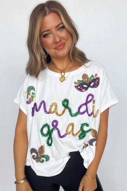 Women's White Tinsel Mardi Gras Sequin Graphic T Shirt