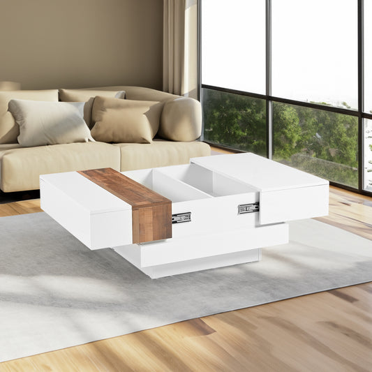 COFFEE TABLE -LIVING ROOM TABLE 31.4 inches x 31.4 inches with sliding tabletop, high gloss center table, hidden storage room white