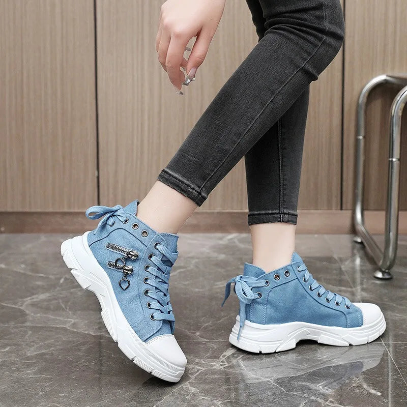 New Canvas High-top Women Shoes Breathable Denim Sneakers Women Summer Thick Bottom Heightening Sports Casual Shoes