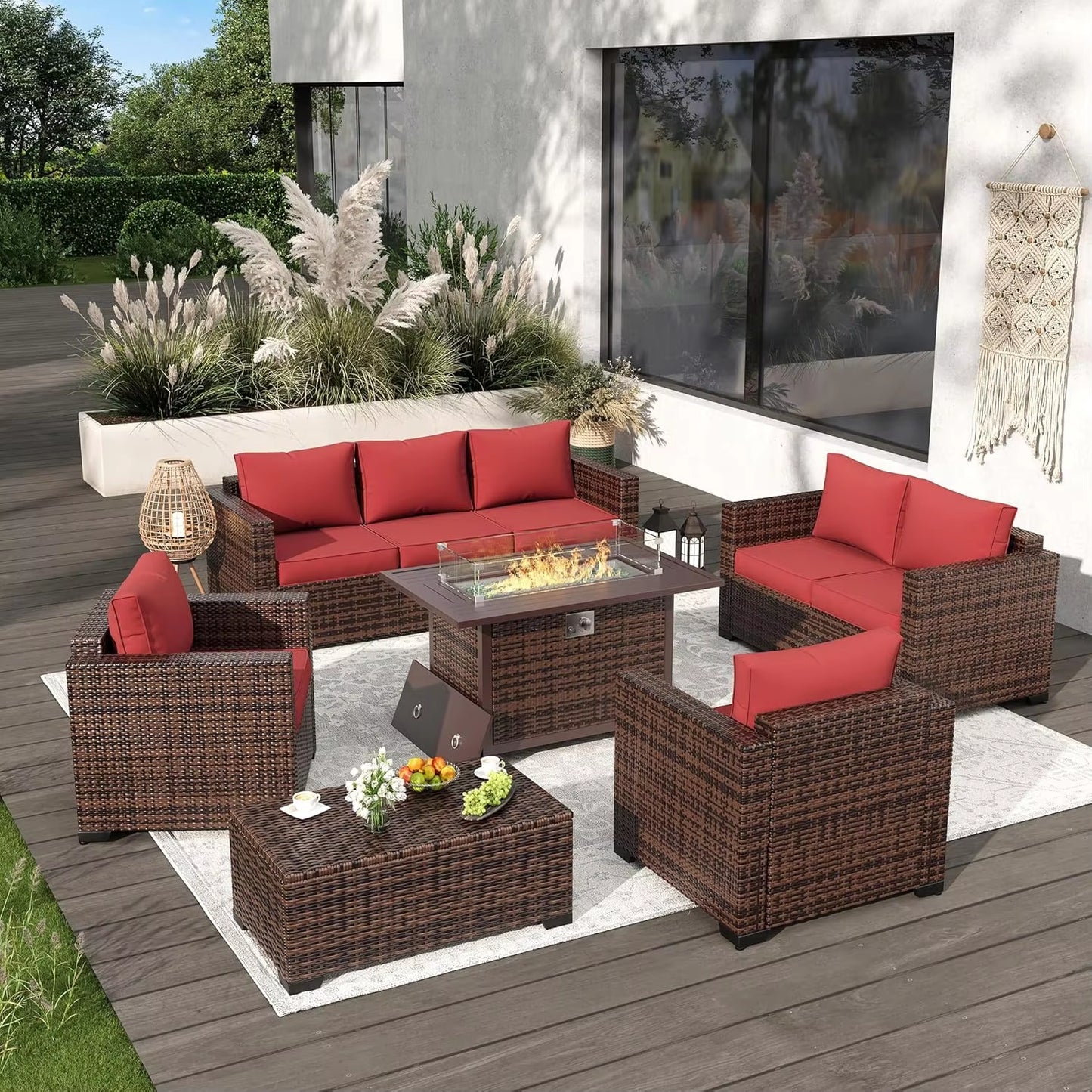 Garden Furniture 8 Pieces Set with 40" Fire Pit Outdoor Sofa Sets, Wicker Furniture Set with Coffee Table, Garden Furniture Sets