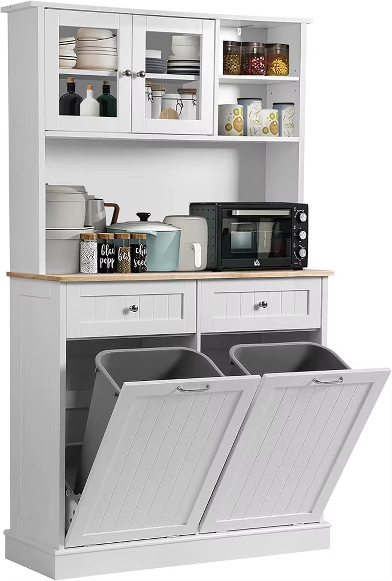 Kitchen Pantry Storage Cabinet, Microwave Cabinet with Tilt Out Trash Cabinet,Tall Pantry Cabinet Cupboard, Freestanding Kitchen