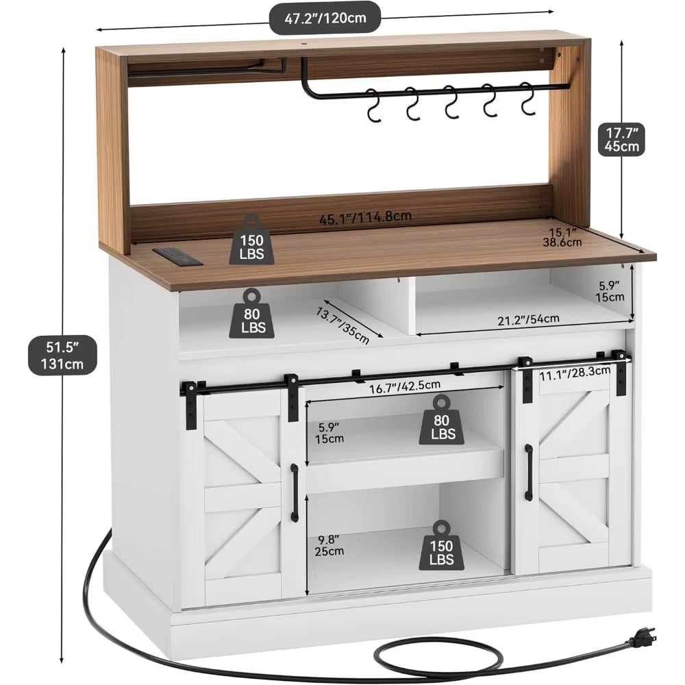 47" Farmhouse Buffet Cabinets with Sliding Barn Door, Coffee Bar with Goblet Holder & Power Outlet, Sideboard Buffet Cabinets