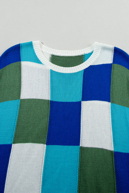 Women's Dark Green Checkered Color Block Cap Sleeve Knitted Top