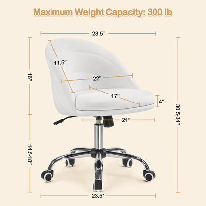 Velvet Cute Desk Chair Armless Office Chair Swivel Vanity Chair with Wheels Adjustable Comfy Desk Soft Rocking Chairte