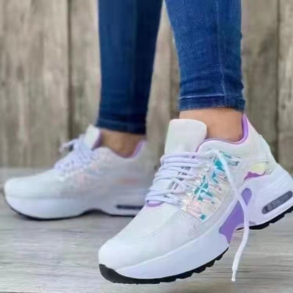 Casual sports shoes for women with flying woven wedge heels, round toe lace-up mesh breathable women's shoes