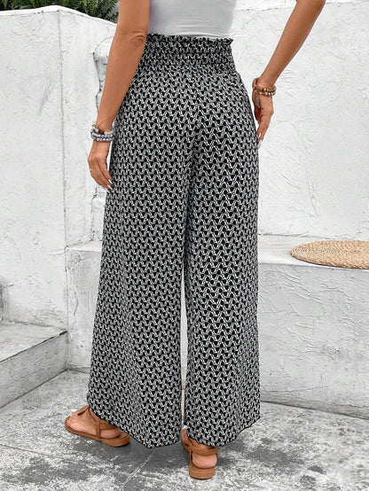 Women's Black Floral Shirred Side Slit Wide Leg Pants