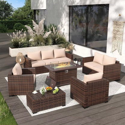 Garden Furniture 8 Pieces Set with 40" Fire Pit Outdoor Sofa Sets, Wicker Furniture Set with Coffee Table, Garden Furniture Sets