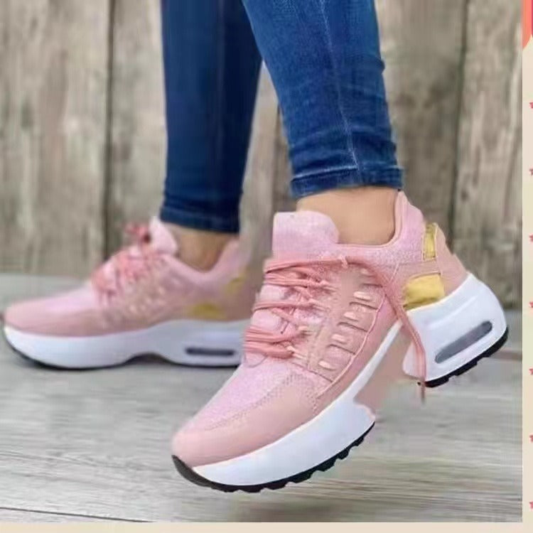 Casual sports shoes for women with flying woven wedge heels, round toe lace-up mesh breathable women's shoes