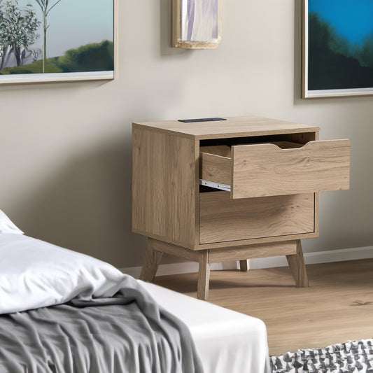 NORDICA bedside table with USB and Type-C charging station, drawer slide pre installed with natural oak wood