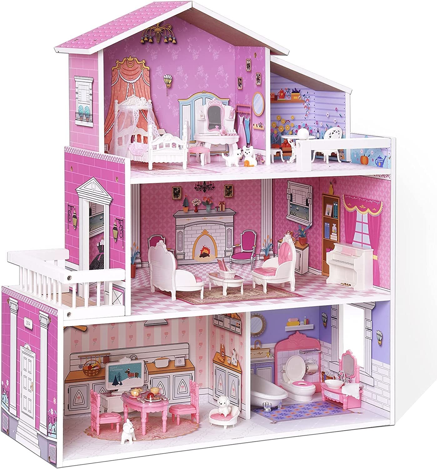 Wooden Dollhouse  Furniture Dreamhouse Girls Mansion Gift 3 Levels