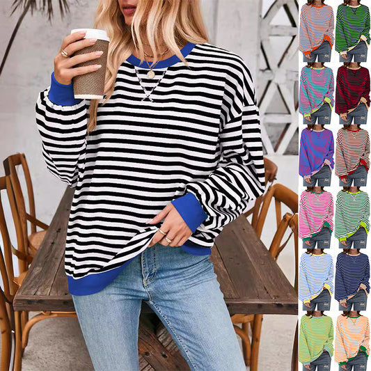 Loose Striped Long Sleeve T-shirt Casual Pullover Sweater For Women's Clothing