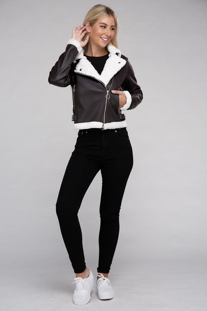 Women's Plush Teddy Trimmed PU Jacket - Perfect Stylish Winter Jacket