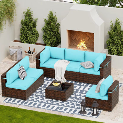 Patio Furniture Sets, Modular Rattan Outdoor Patio Sectional Furniture Sofa Set, Wicker W/Coffee Table, 7PC (Include Sofa Cover)