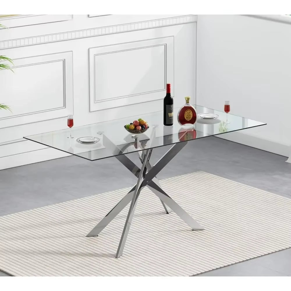 Glass Dining Table Modern Kitchen Glass Top Tables for 4 with Chrome Plated Metal Legs,51"Rectangular Dining Table Kitchen Table