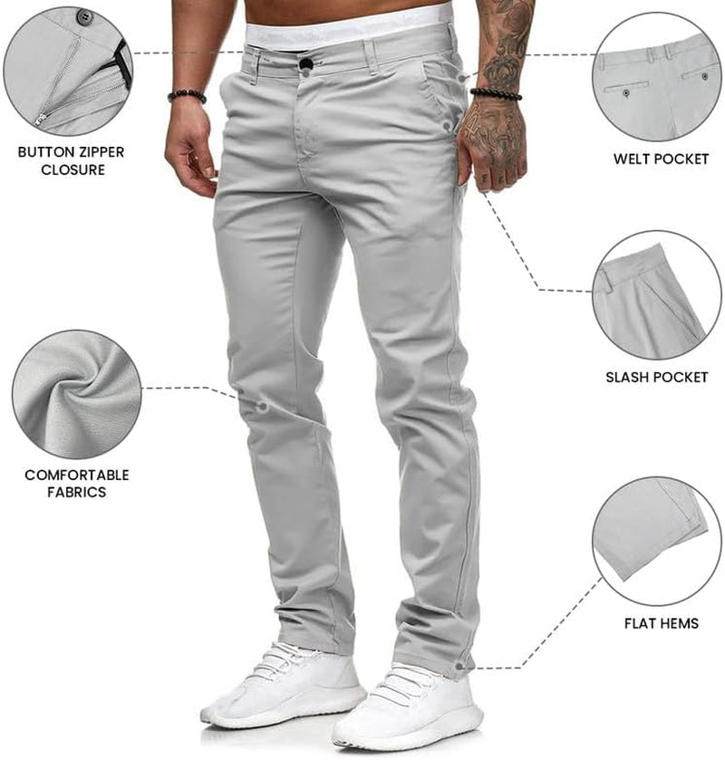 Men's Chinos Casual Dress Pants Slim Fit Skinny Stretch Flat-Front Lightweight Comfort Slacks