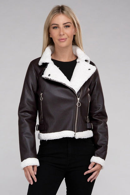 Women's Plush Teddy Trimmed PU Jacket - Perfect Stylish Winter Jacket