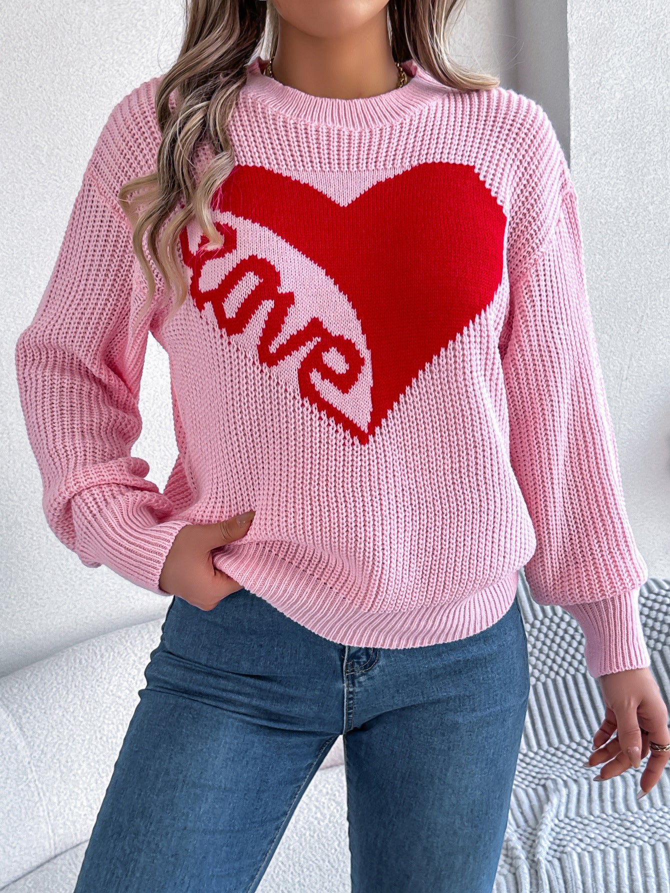 Fashion Favorite: Love Print Pullover Sweater Autumn And Winter Loose Long-sleeved Knitted Tops For Women Valentine's Day Clothing