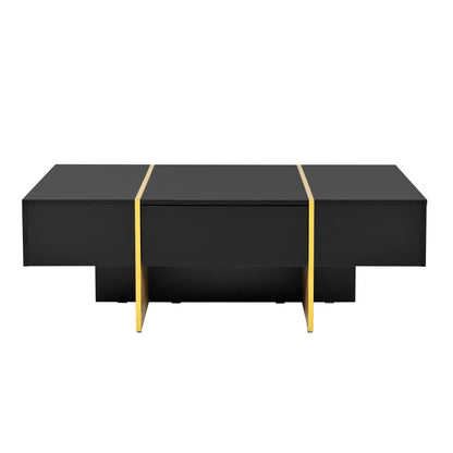 COFFEE TABLE -LIVING ROOM TABLE47.2 inch x 31.4 inch multifunctional rectangular sofa table with 2 drawers and gold wood grain leg center table, black