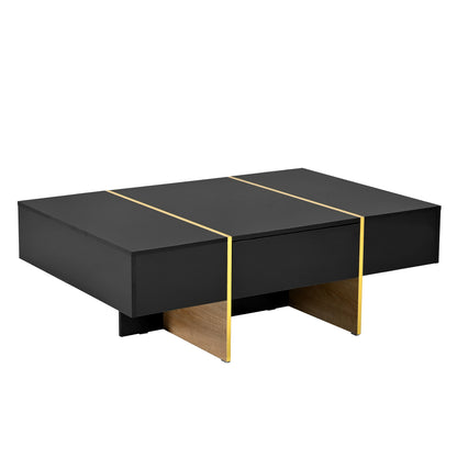 COFFEE TABLE -LIVING ROOM TABLE47.2 inch x 31.4 inch multifunctional rectangular sofa table with 2 drawers and gold wood grain leg center table, black