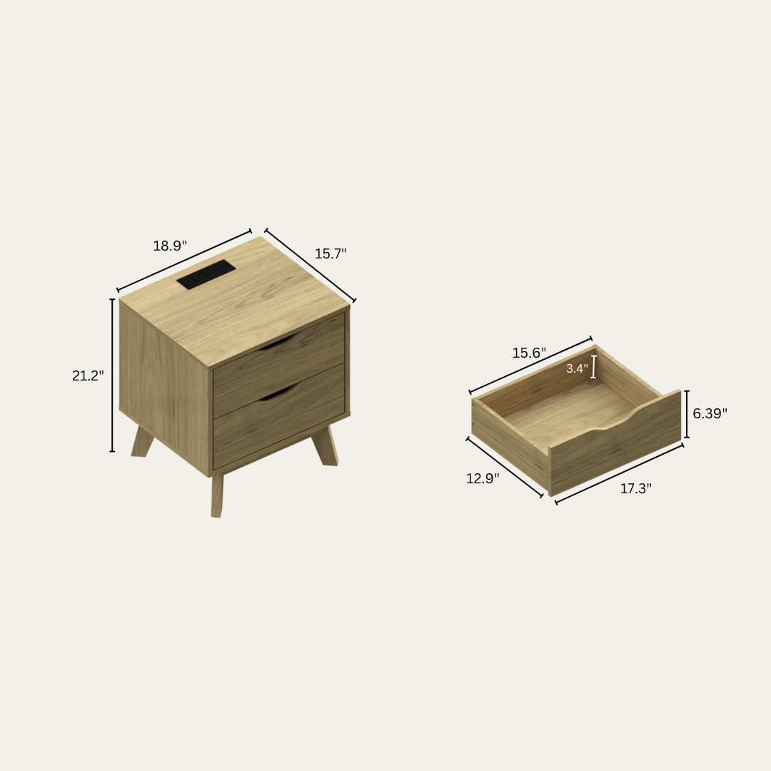 NORDICA bedside table with USB and Type-C charging station, drawer slide pre installed with natural oak wood