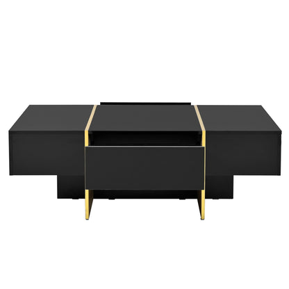 COFFEE TABLE -LIVING ROOM TABLE47.2 inch x 31.4 inch multifunctional rectangular sofa table with 2 drawers and gold wood grain leg center table, black