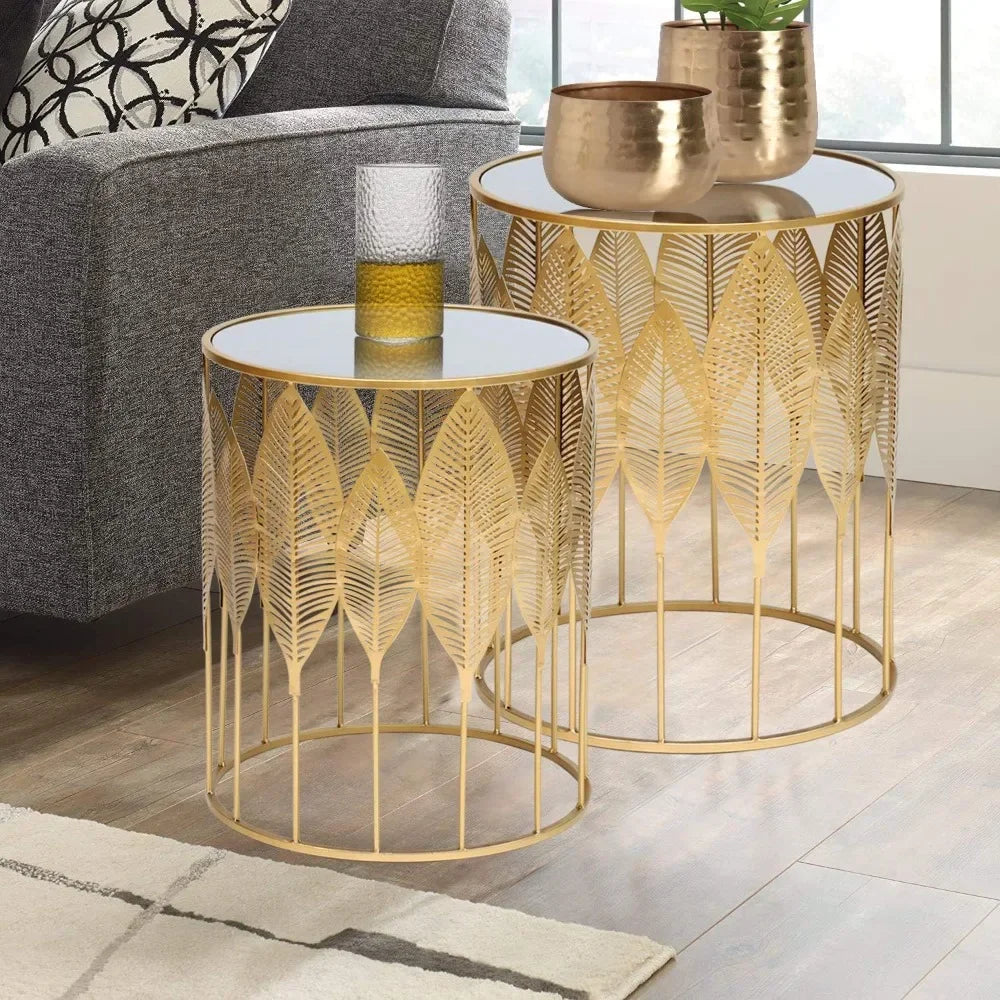 End Tables Set of 2, Gold Nesting Side Coffee Table Decorative round Nightstands (Stainless Steel Top), Suitable for Living Room