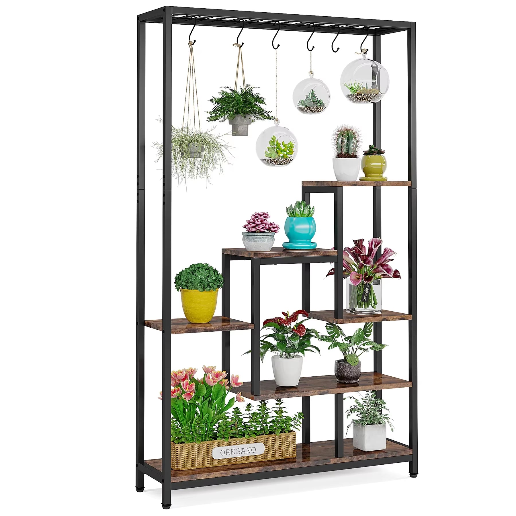 5 Tiers Tall Indoor Plant Stand 70.9 Inches Large Metal Plant Shelf with 10 PC S Hanging Hooks for Garden