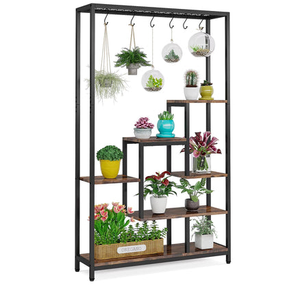 5 Tiers Tall Indoor Plant Stand 70.9 Inches Large Metal Plant Shelf with 10 PC S Hanging Hooks for Garden