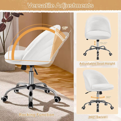 Velvet Cute Desk Chair Armless Office Chair Swivel Vanity Chair with Wheels Adjustable Comfy Desk Soft Rocking Chairte