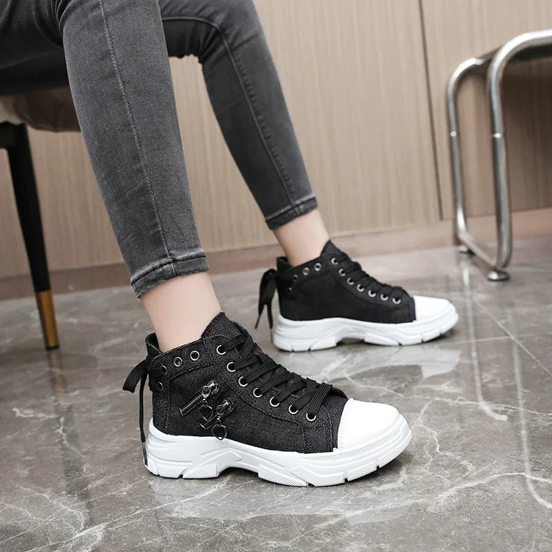 New Canvas High-top Women Shoes Breathable Denim Sneakers Women Summer Thick Bottom Heightening Sports Casual Shoes