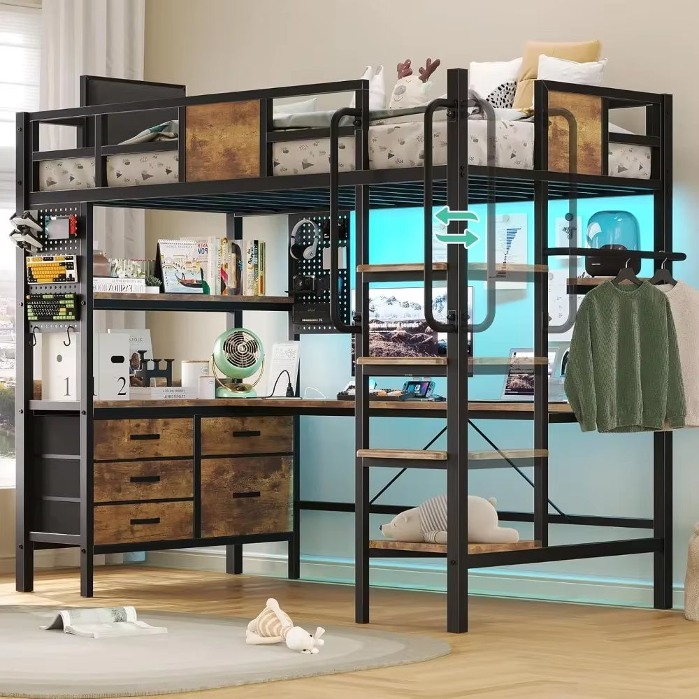 Loft Bed Twin Size with L Shaped Desk and Storage, Metal Bunk Bed with Desk underneath and LED Lights and Charging Station78"L