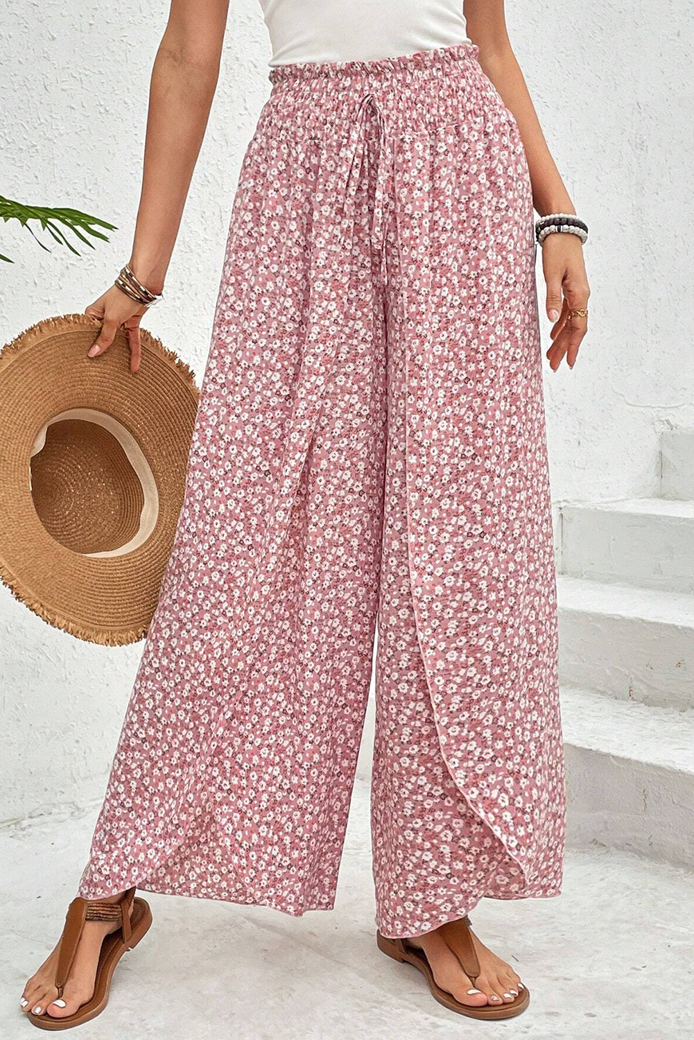 Women's Black Floral Shirred Side Slit Wide Leg Pants