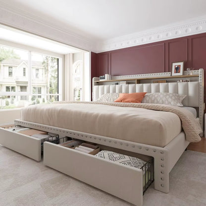 King Size Bed Frame with Storage and Headboard, Upholstered King Bed Frame with Storage, King Bed Frame with 2 Drawers