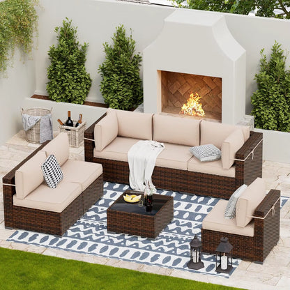 Patio Furniture Sets, Modular Rattan Outdoor Patio Sectional Furniture Sofa Set, Wicker W/Coffee Table, 7PC (Include Sofa Cover)