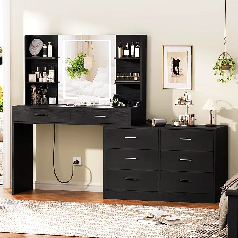 65.9'' Vanity Desk with LED Lighted Mirror;Power Outlet,Modern Corner Makeup Vanity Table 8 Drawers; Open Shelve, Dressing Table