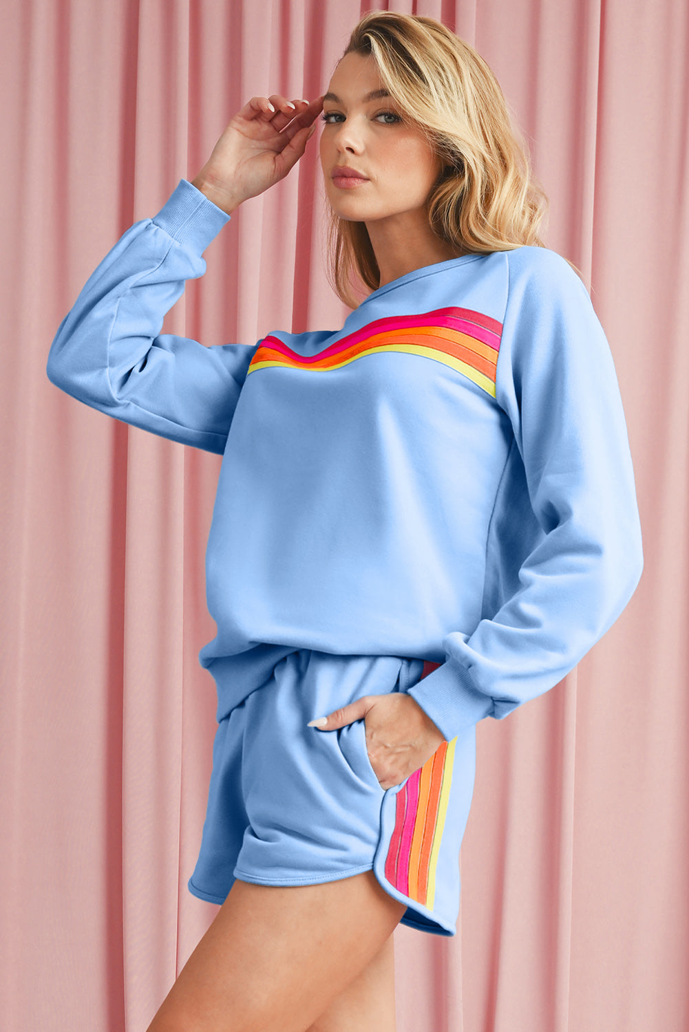 Beau Blue Colorful Striped Long Sleeve Pullover and Shorts Set