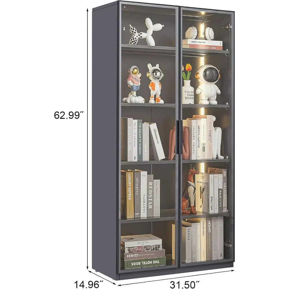 Display Cabinet with Glass Doors,Metal Storage Cabinet with Glass Doors and Led,Dark Grey Glass Storage Cabinet for Collectibles